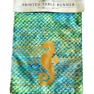 Seahorse Table Runner Blue Green Gold Beach Summer House Patio Nautical 13x72"